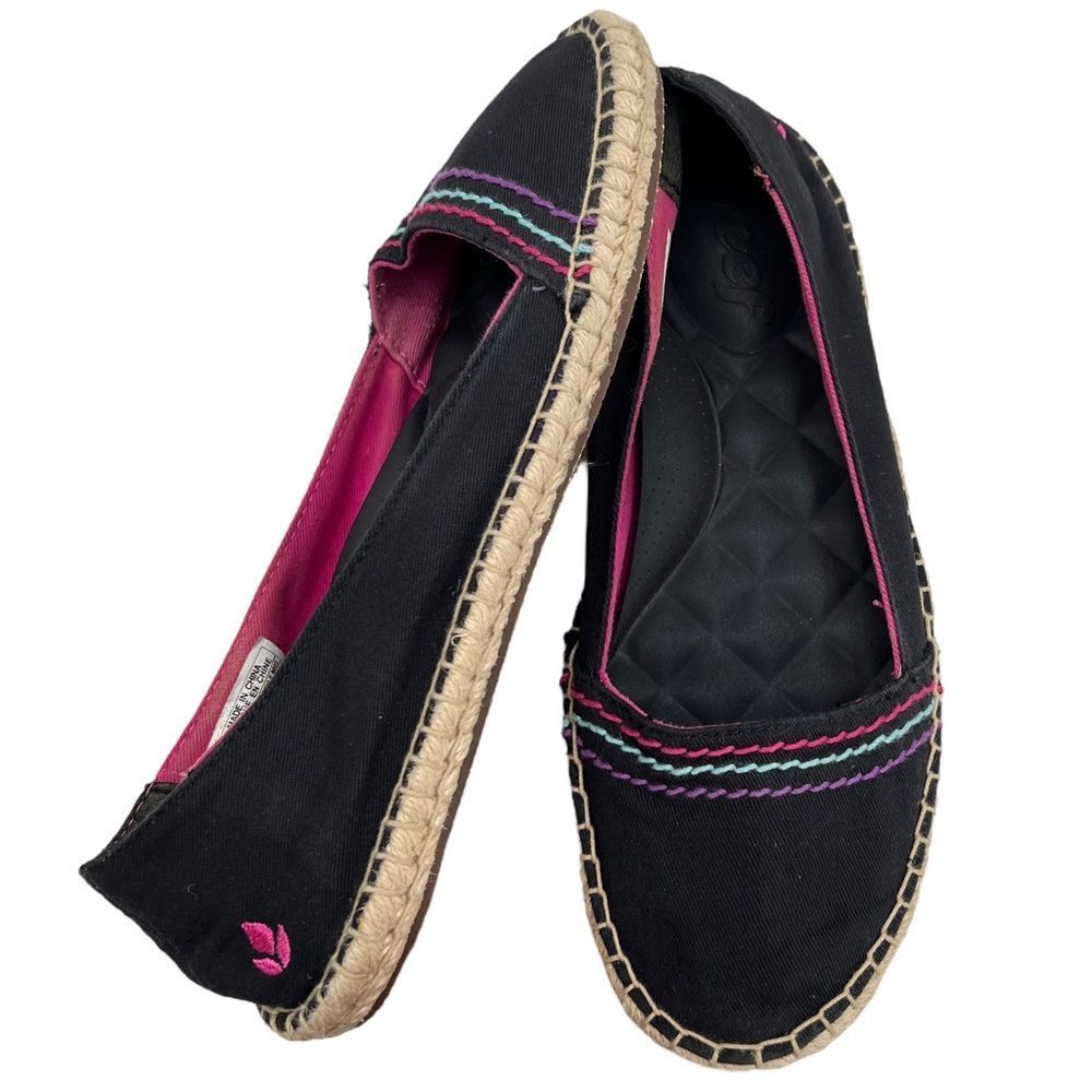 Reef Rainforest Black Slip On Pink Trim Jute Espadrille Ballet Flat Size 8